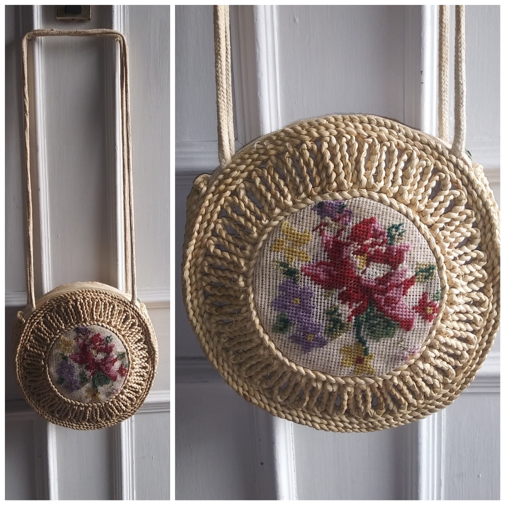 90s Straw Embroidered Purse Rose Floral stitch